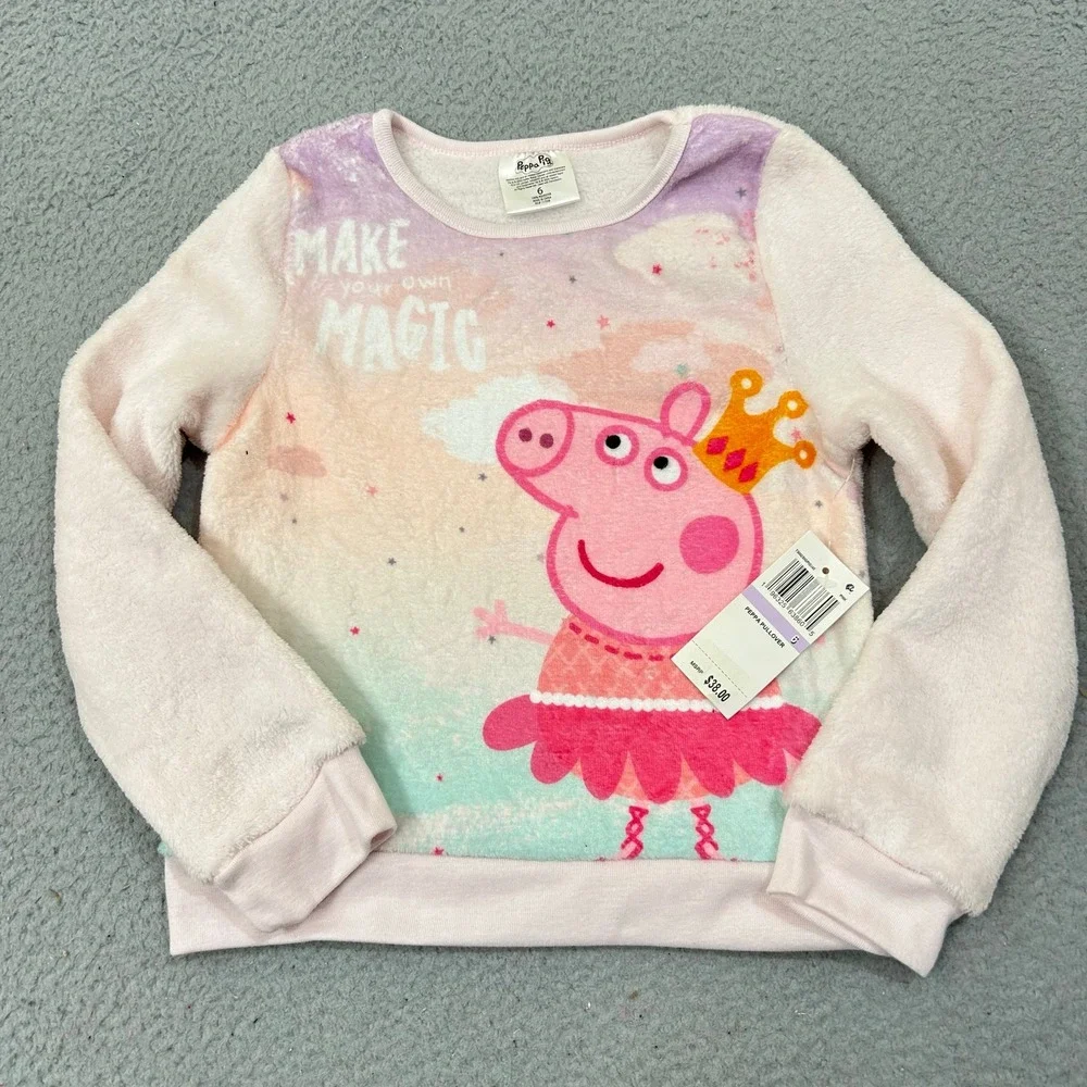Peppa Pig Top Girls 6 Pink Long Sleeve Crew‎ Neck Graphic Pullover Top NEW